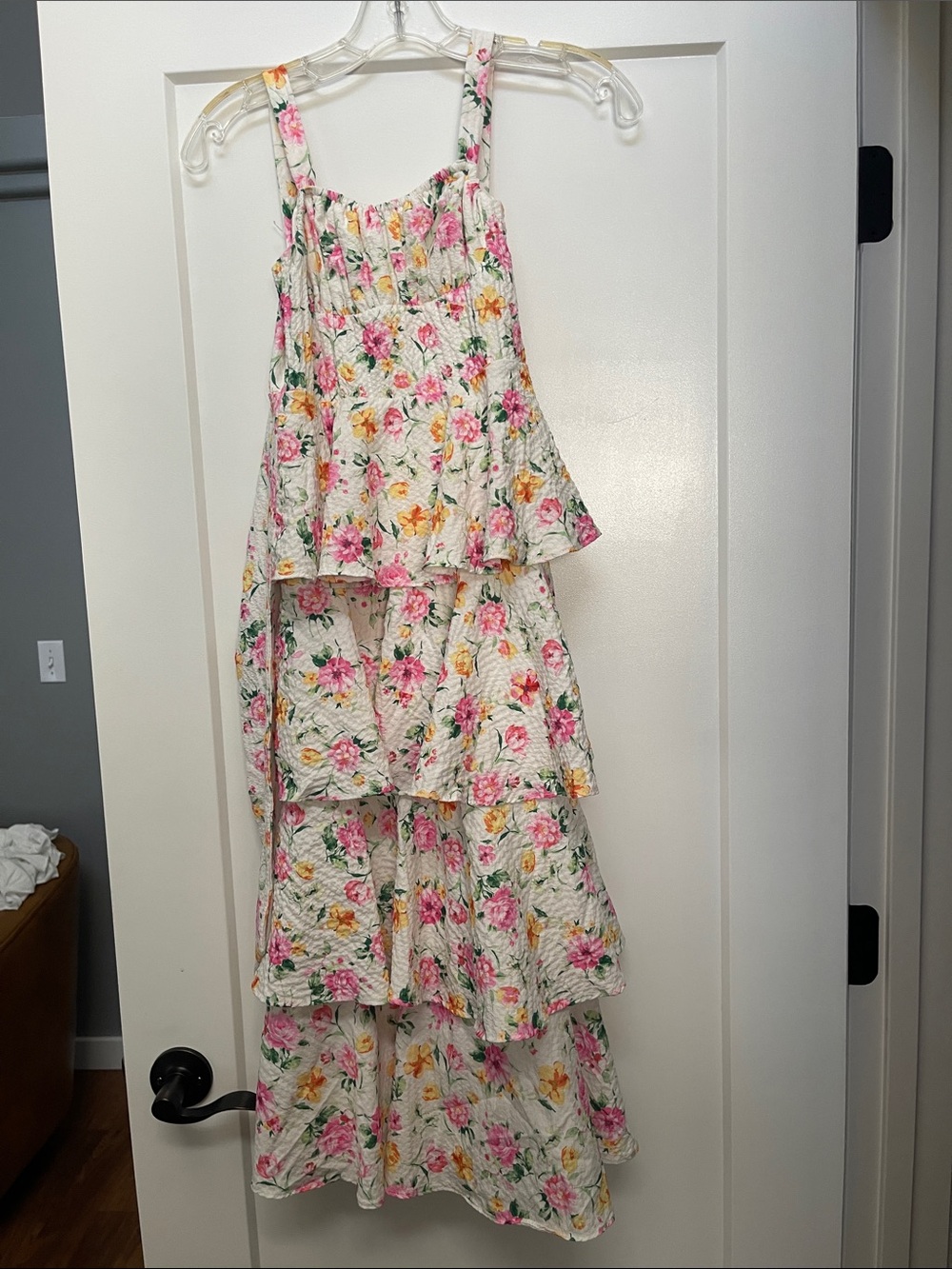 Rare Editions Cream Floral Tiered Dress with Pink & Yellow Blooms